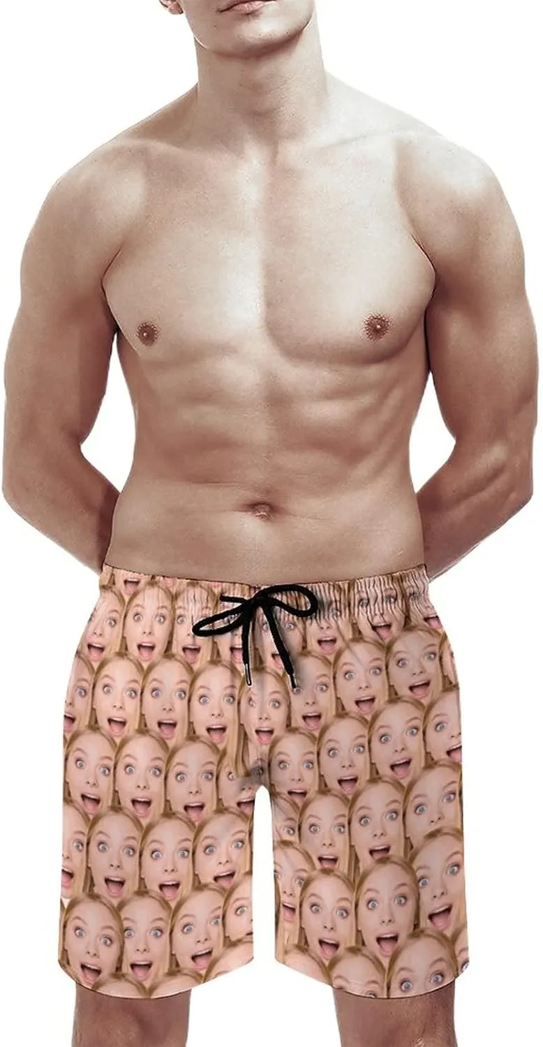 Custom Mens Swim Trunks with Faces Quick Dry Surf Board Shorts Personalized Photos Gifts