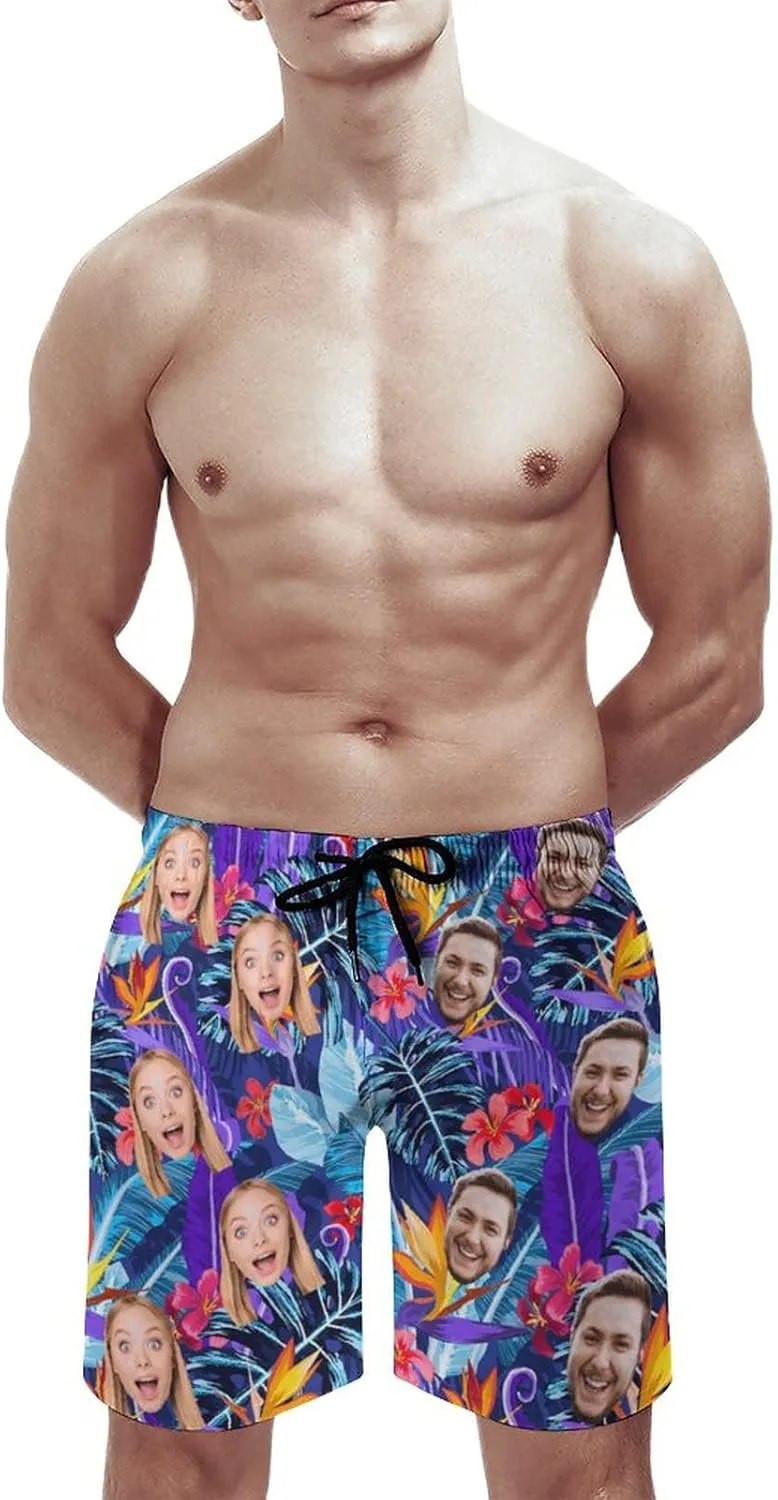 Custom Mens Swim Trunks with Faces Quick Dry Surf Board Shorts Personalized Photos Gifts