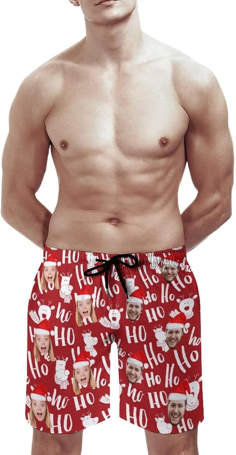 Custom Mens Swim Trunks with Faces Quick Dry Surf Board Shorts Personalized Photos Gifts