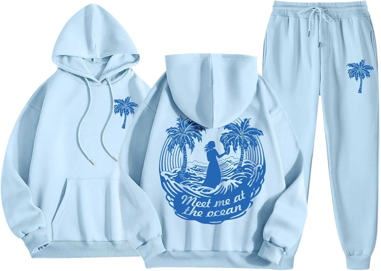 Cute 2 Piece Outfits Women, Teen Girls Preppy Puff Pullover Hoodies Pocket Drawstring Oversized Sweatpant Outfit Sets