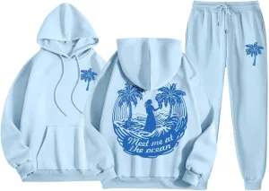 Cute 2 Piece Outfits Women, Teen Girls Preppy Puff Pullover Hoodies Pocket Drawstring Oversized Sweatpant Outfit Sets