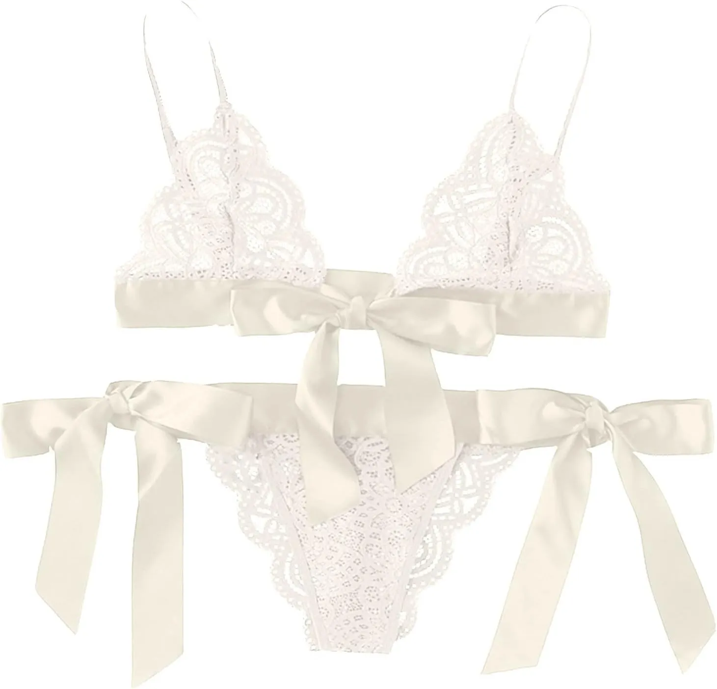 Cute Lingerie 2 Pieces Set Triangle Bralette Lace See Through Babydoll Bow Lingerie for Women Teddy Lingerie