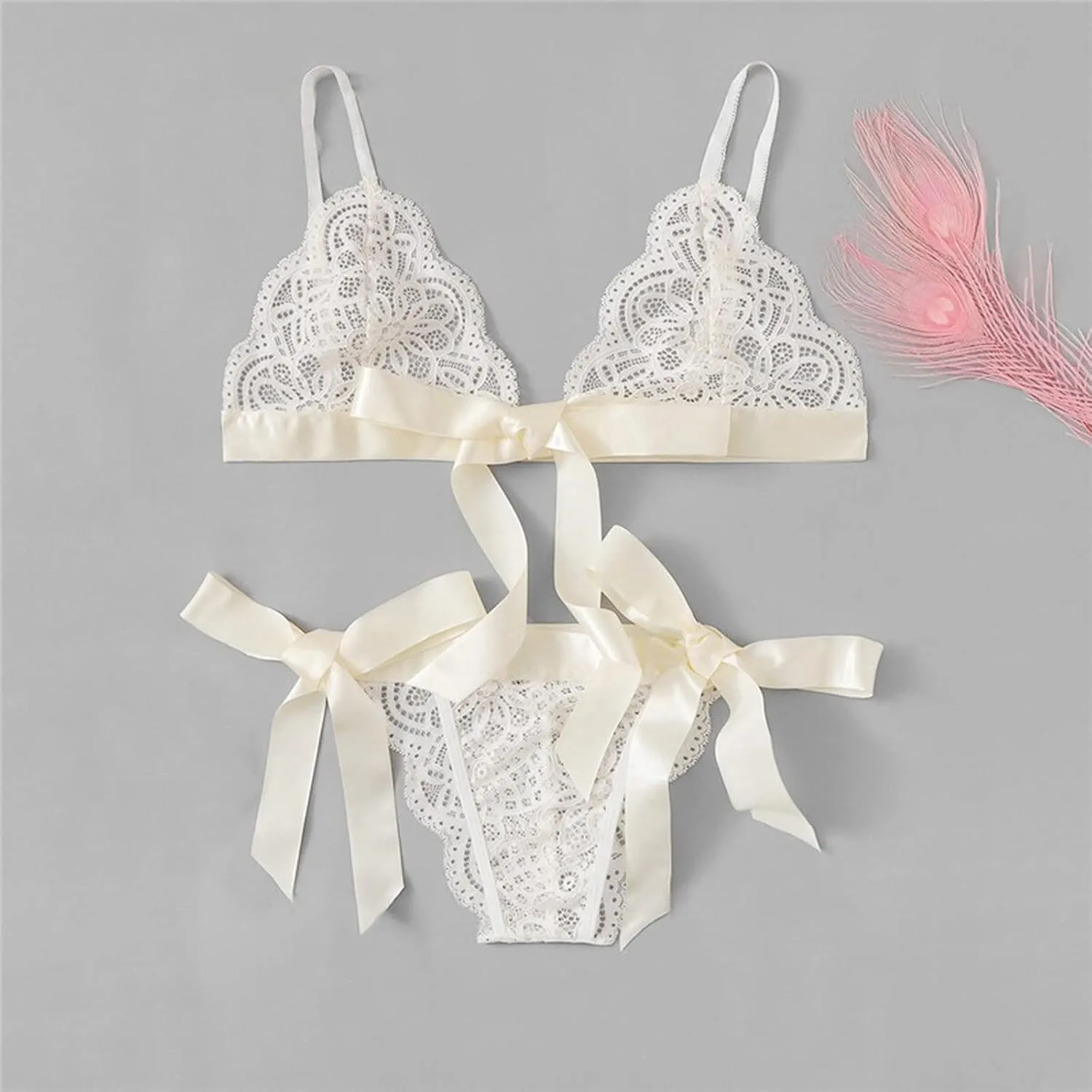 Cute Lingerie 2 Pieces Set Triangle Bralette Lace See Through Babydoll Bow Lingerie for Women Teddy Lingerie