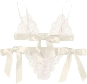 Cute Lingerie 2 Pieces Set Triangle Bralette Lace See Through Babydoll Bow Lingerie for Women Teddy Lingerie