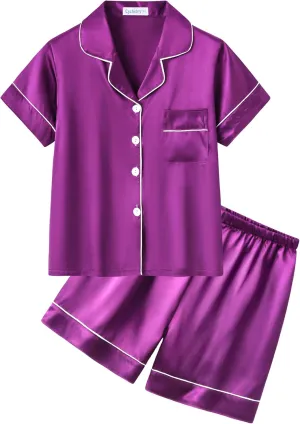 CYCHELRY Big Girls Satin Pajamas Summer Short Sleeve Button Down Silky Nighty PJS 2PCS Sleepwear Set Size 8-16