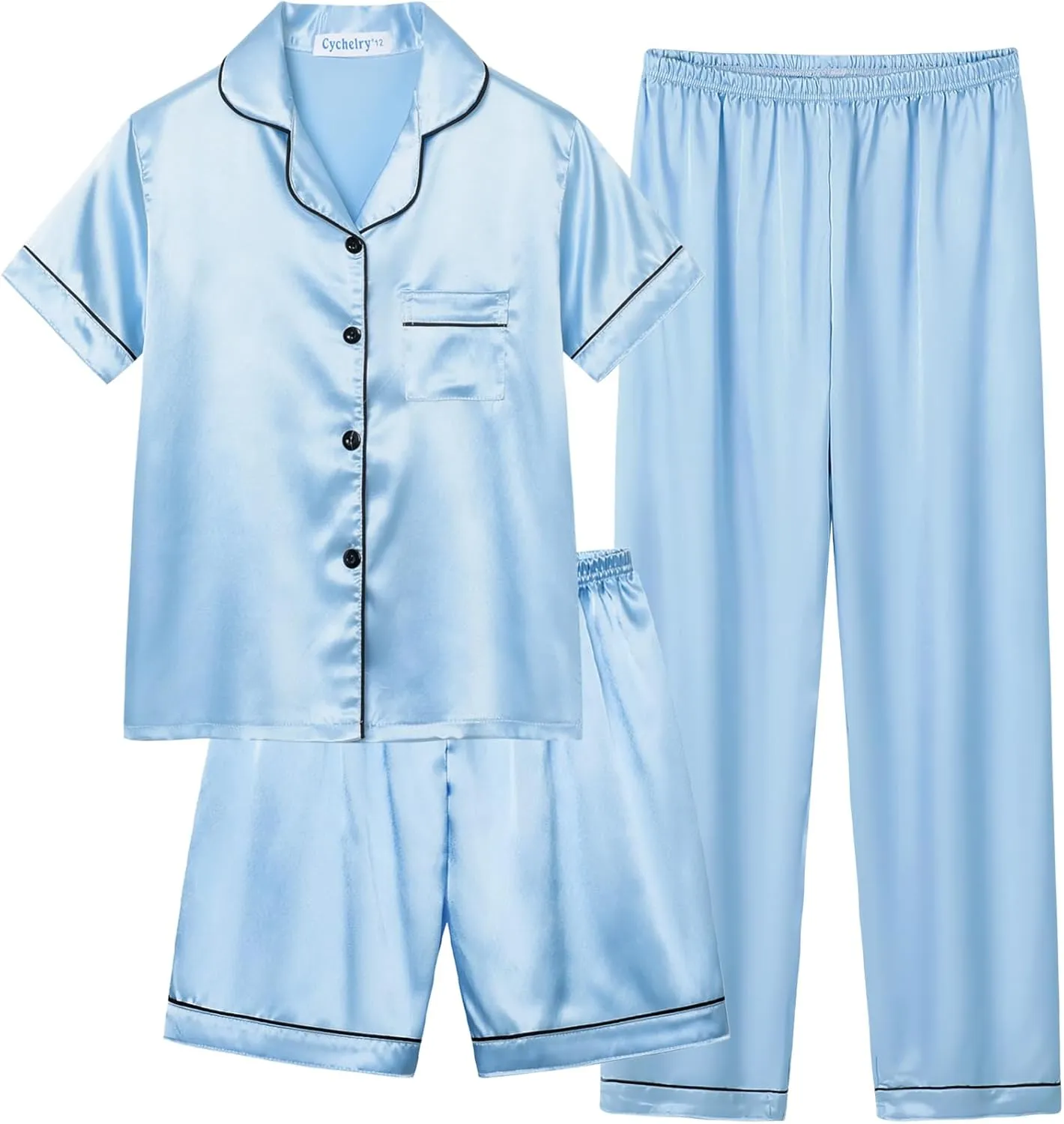 CYCHELRY Little Big Girls Satin Pajamas Summer Short Sleeve and Pants Button Down Silky PJS 3PCS Sleepwear Set Size 8-16