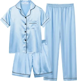 CYCHELRY Little Big Girls Satin Pajamas Summer Short Sleeve and Pants Button Down Silky PJS 3PCS Sleepwear Set Size 8-16