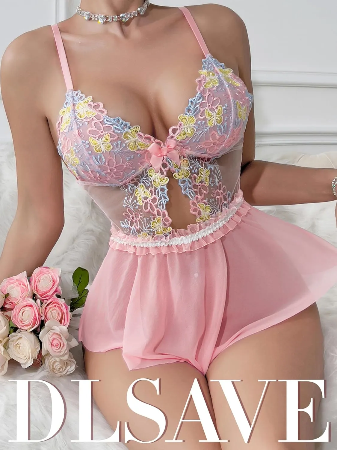 Dlsave Sexy Lingerie for Women,Lace Bodysuit One Piece Teddy Babydoll Mesh Chemise V Neck Sleepwear Romper