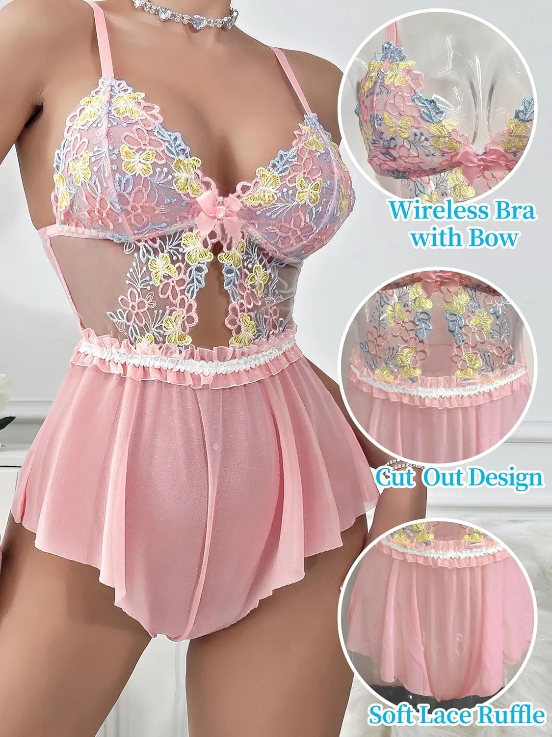 Dlsave Sexy Lingerie for Women,Lace Bodysuit One Piece Teddy Babydoll Mesh Chemise V Neck Sleepwear Romper