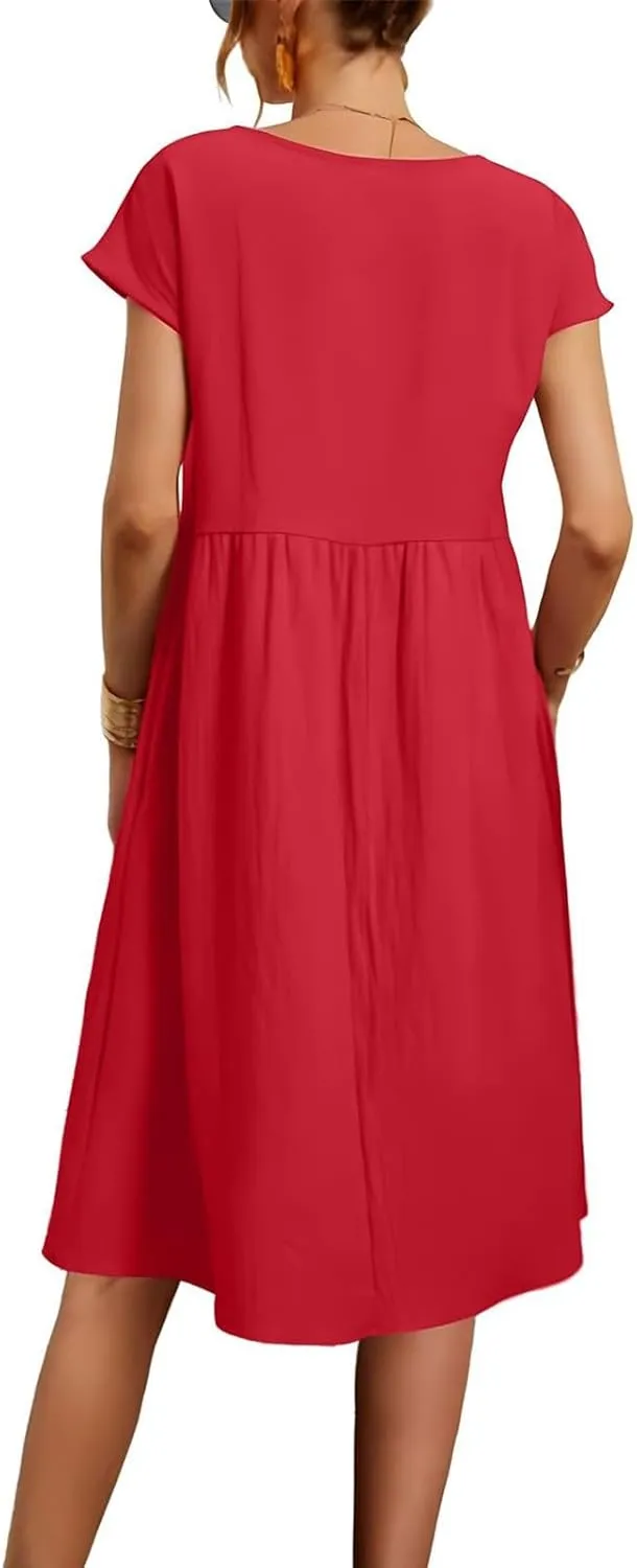 Dresses for Women 2025 Casual Summer Trendy Plus Size Short Sleeves Cute Midi Dress Boho Beach Sundress with Pockets