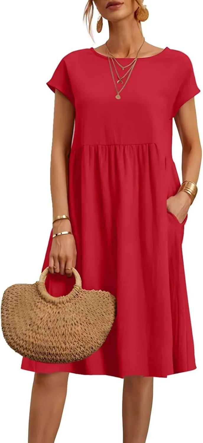 Dresses for Women 2025 Casual Summer Trendy Plus Size Short Sleeves Cute Midi Dress Boho Beach Sundress with Pockets