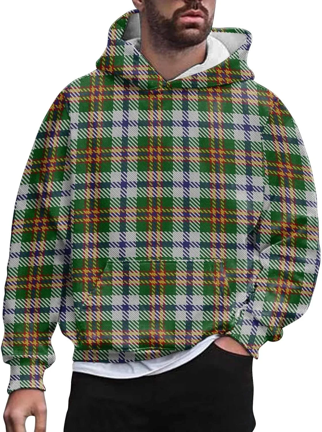 DuDubaby Mens Fleece Hoodies Men Solid Check Pullover Long Sleeve Hooded Sweatshirt Tops Hoodies Pullover