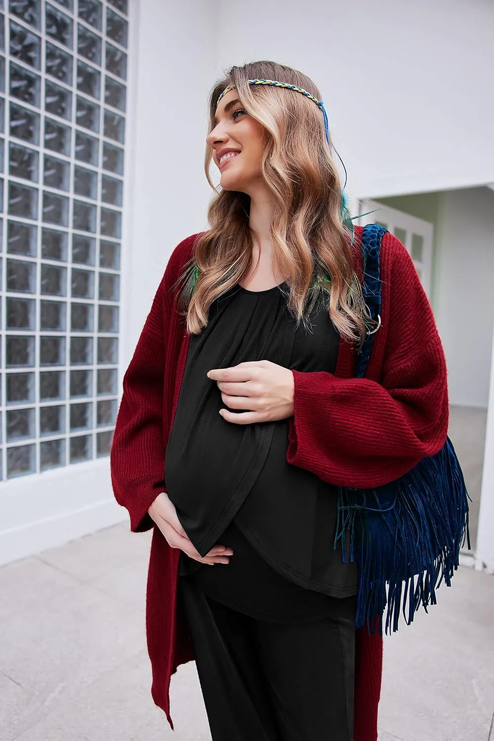 Ekouaer Maternity Nursing Pajama Set Long Sleeve Top & Pants with Pockets Breastfeeding Sleepwear Double Layer Pregnancy