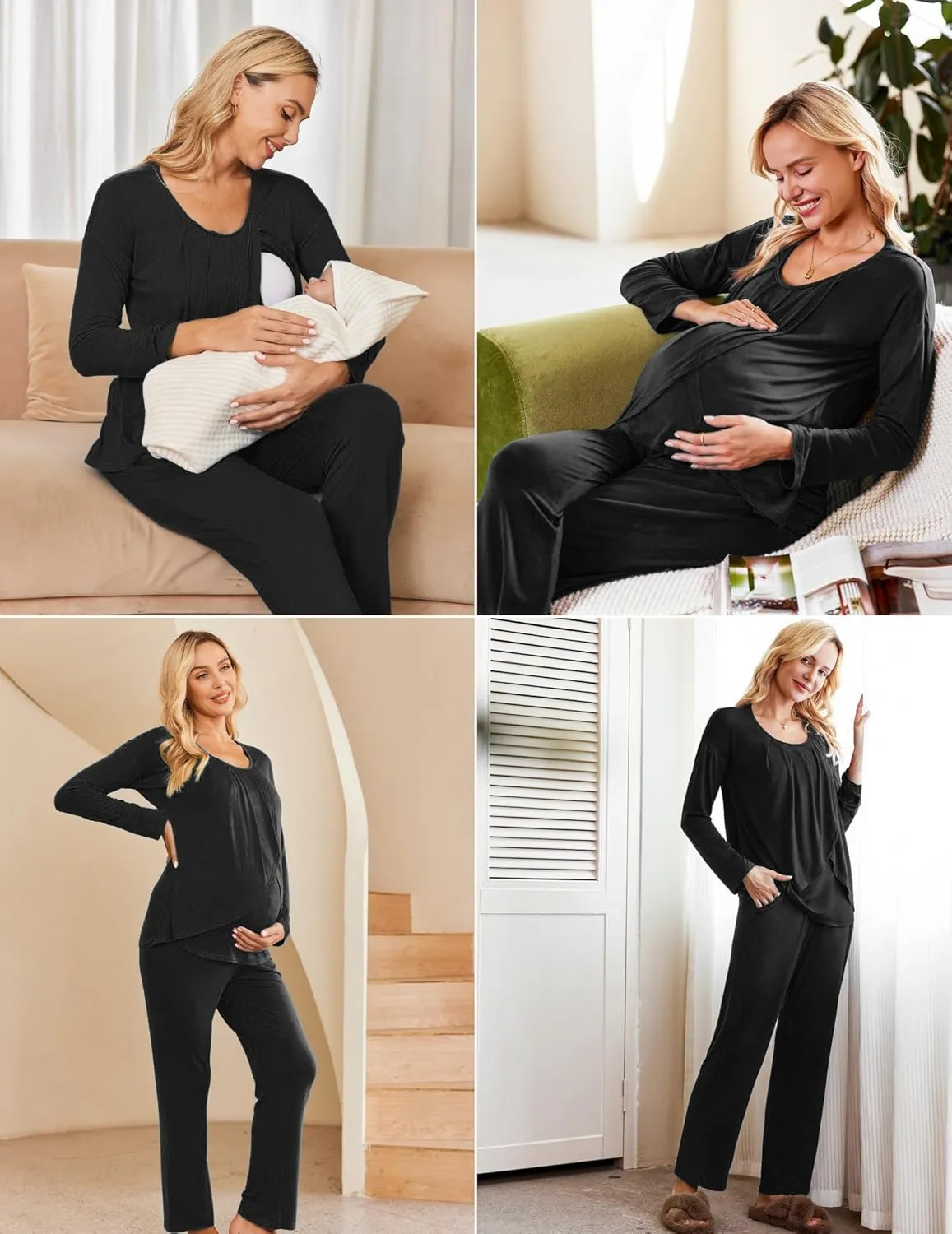 Ekouaer Maternity Nursing Pajama Set Long Sleeve Top & Pants with Pockets Breastfeeding Sleepwear Double Layer Pregnancy