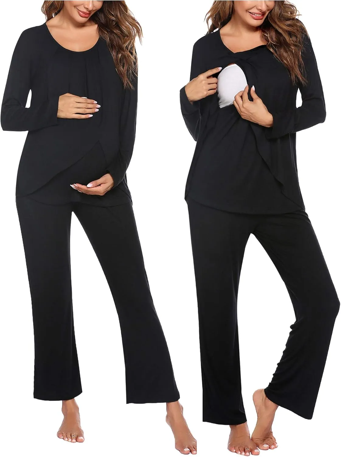 Ekouaer Maternity Nursing Pajama Set Long Sleeve Top & Pants with Pockets Breastfeeding Sleepwear Double Layer Pregnancy