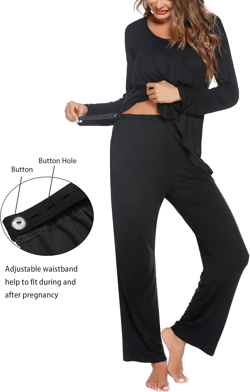 Ekouaer Maternity Nursing Pajama Set Long Sleeve Top & Pants with Pockets Breastfeeding Sleepwear Double Layer Pregnancy