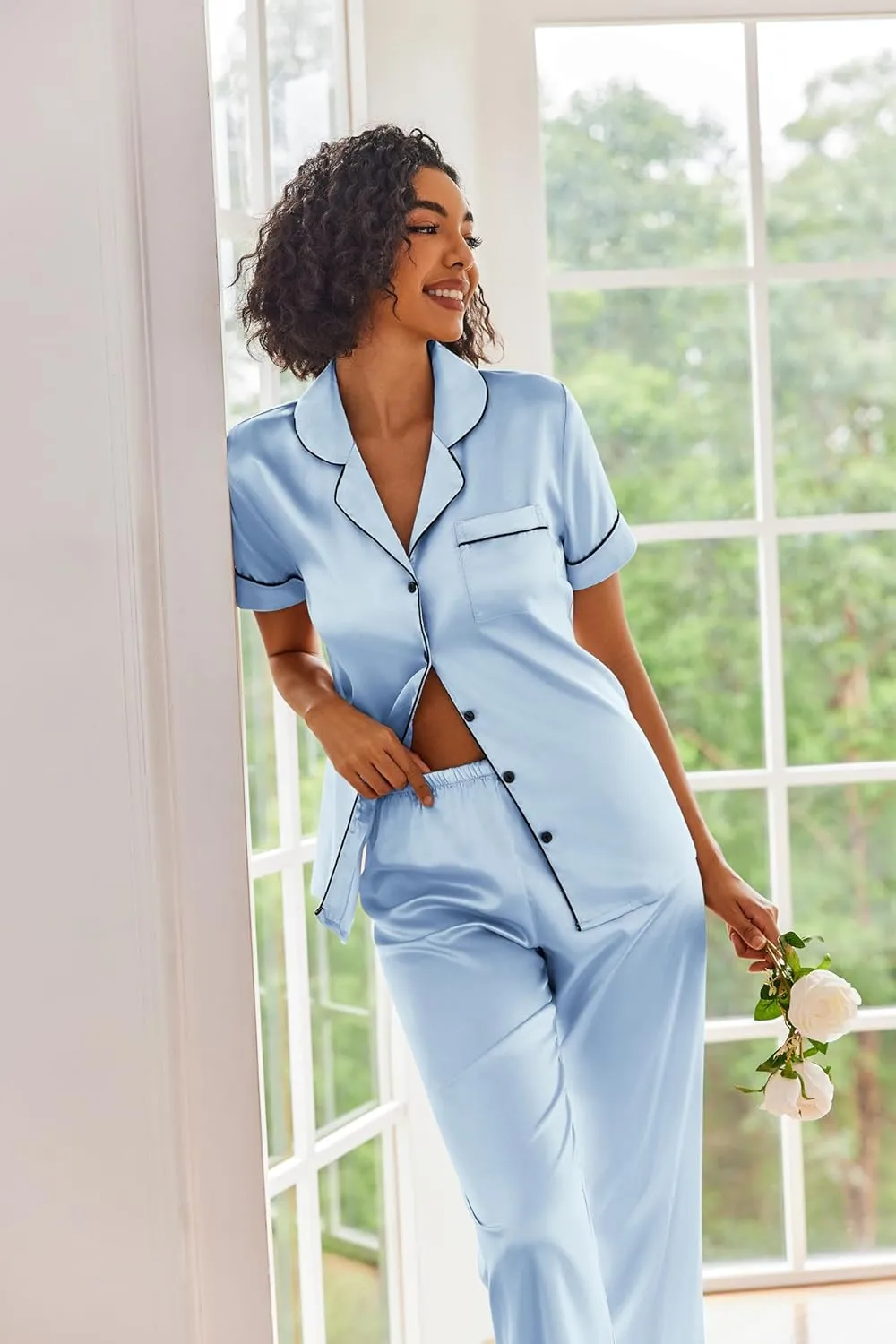 Ekouaer Silk Satin Pajamas Set Women Short Sleeve Sleepwear Soft Button Down Loungewear Pjs Set