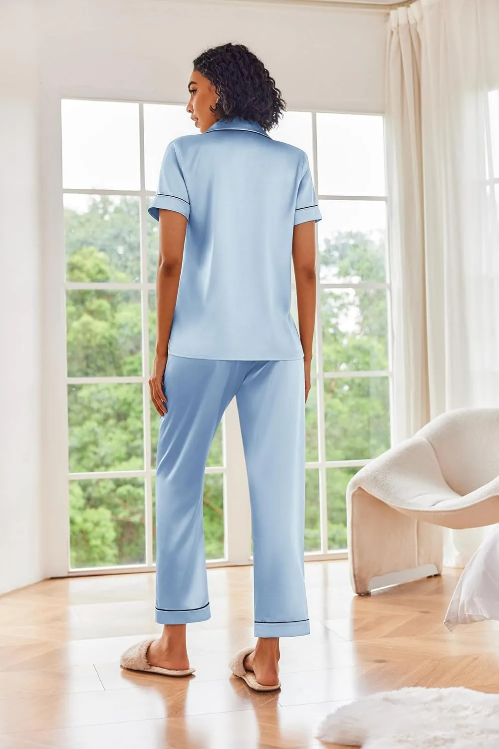 Ekouaer Silk Satin Pajamas Set Women Short Sleeve Sleepwear Soft Button Down Loungewear Pjs Set