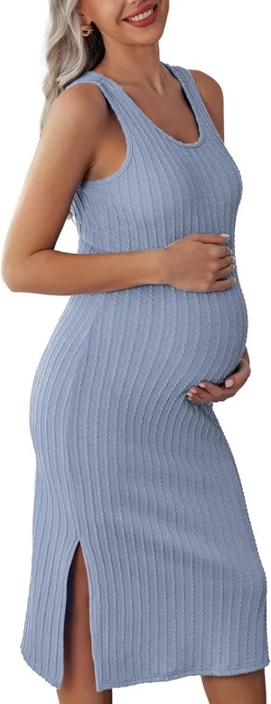 Ekouaer Women's Maternity Dress Rib Knit Sleeveless Tank Side Slit Bodycon Dresses Pregnancy Clothes S-XXL