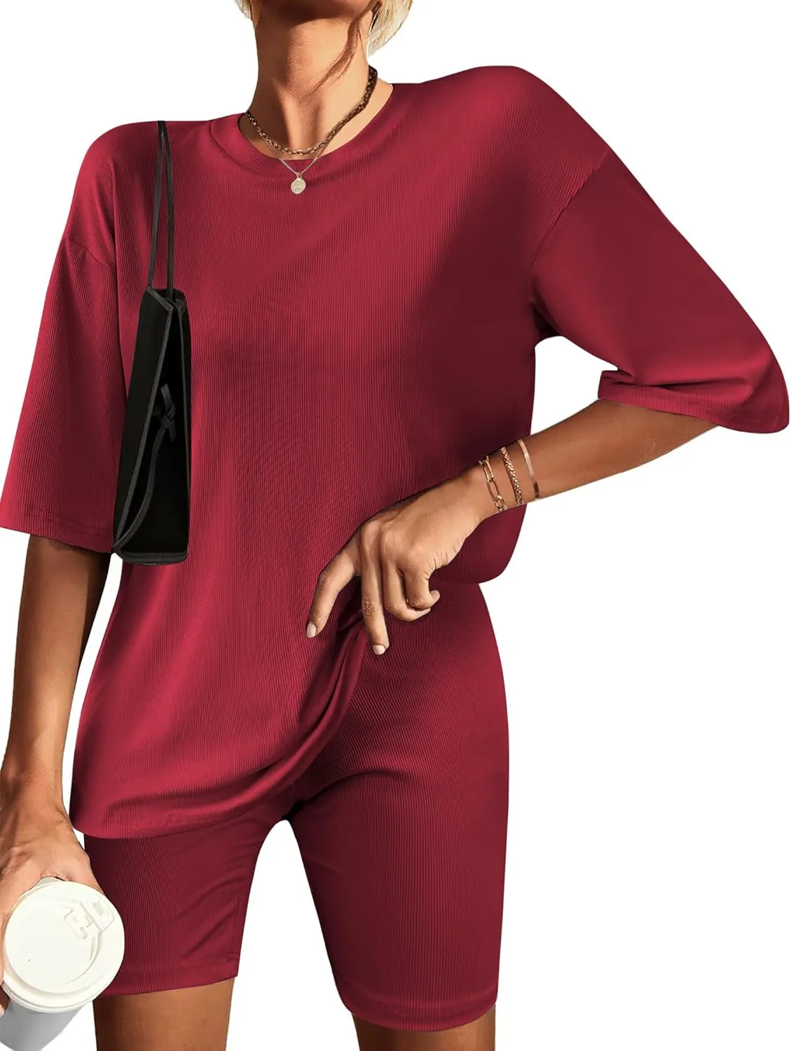 Ekouaer Womens Pajamas 2 Piece Lounge Sets Ribbed Knit Matching T-shirt Biker Shorts Outfits Sleepwear Loungewear