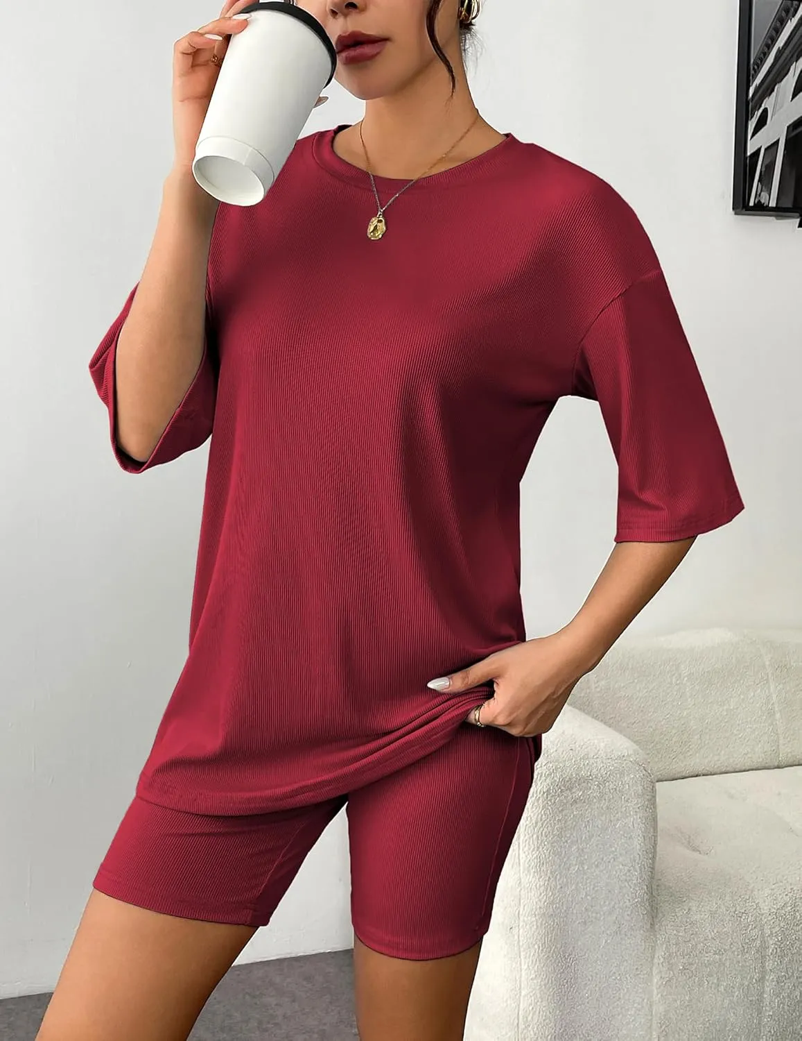 Ekouaer Womens Pajamas 2 Piece Lounge Sets Ribbed Knit Matching T-shirt Biker Shorts Outfits Sleepwear Loungewear