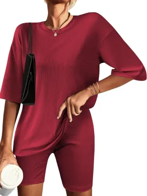 Ekouaer Womens Pajamas 2 Piece Lounge Sets Ribbed Knit Matching T-shirt Biker Shorts Outfits Sleepwear Loungewear