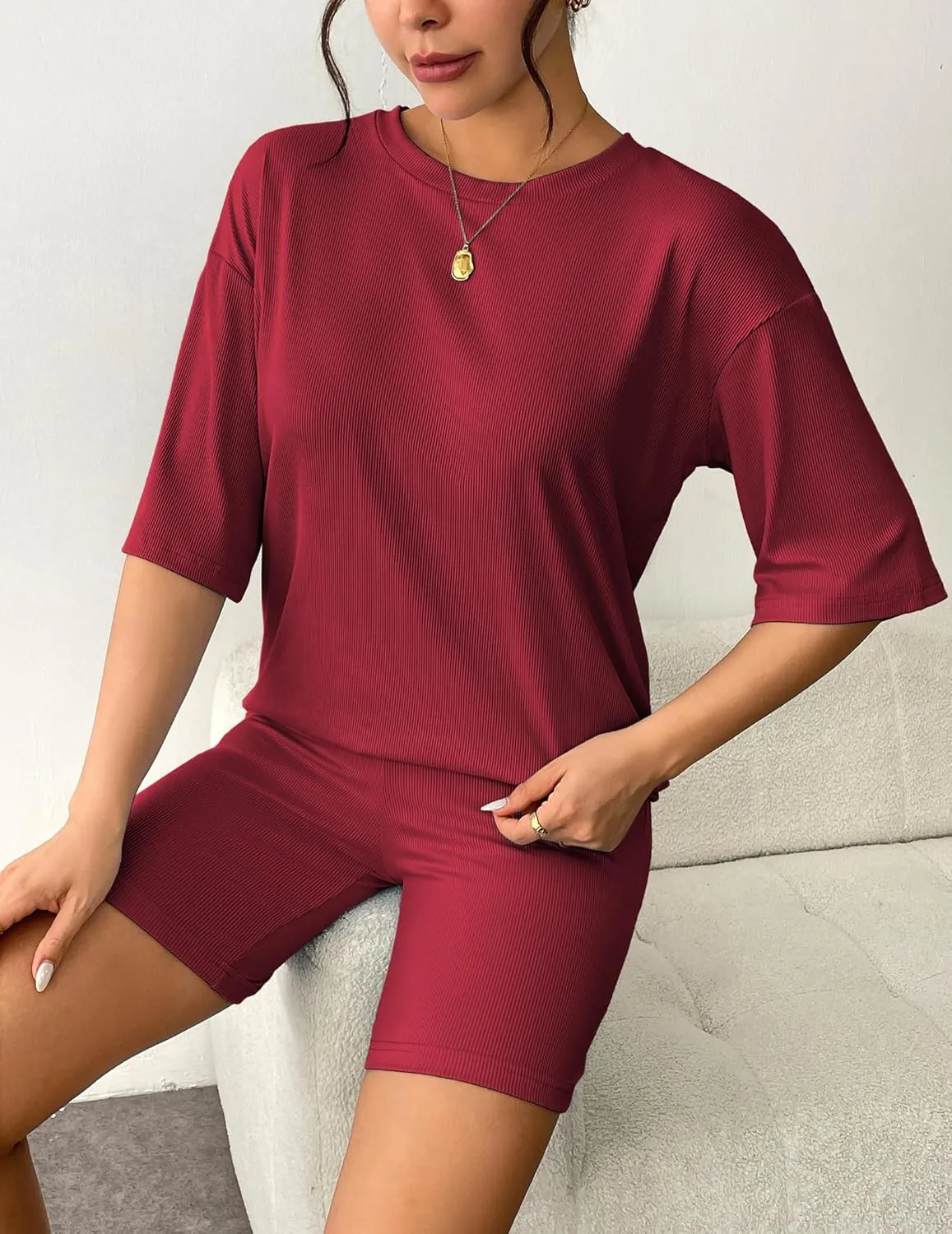Ekouaer Womens Pajamas 2 Piece Lounge Sets Ribbed Knit Matching T-shirt Biker Shorts Outfits Sleepwear Loungewear