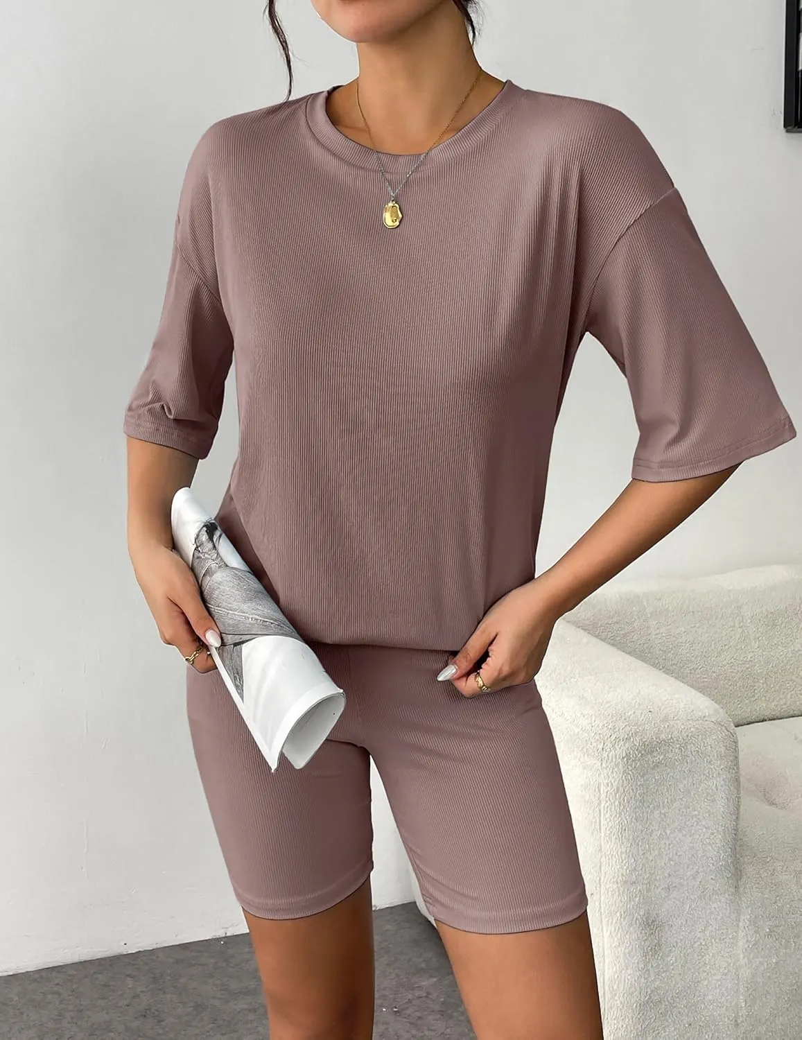 Ekouaer Womens Pajamas 2 Piece Lounge Sets Ribbed Knit Matching T-shirt Biker Shorts Outfits Sleepwear Loungewear