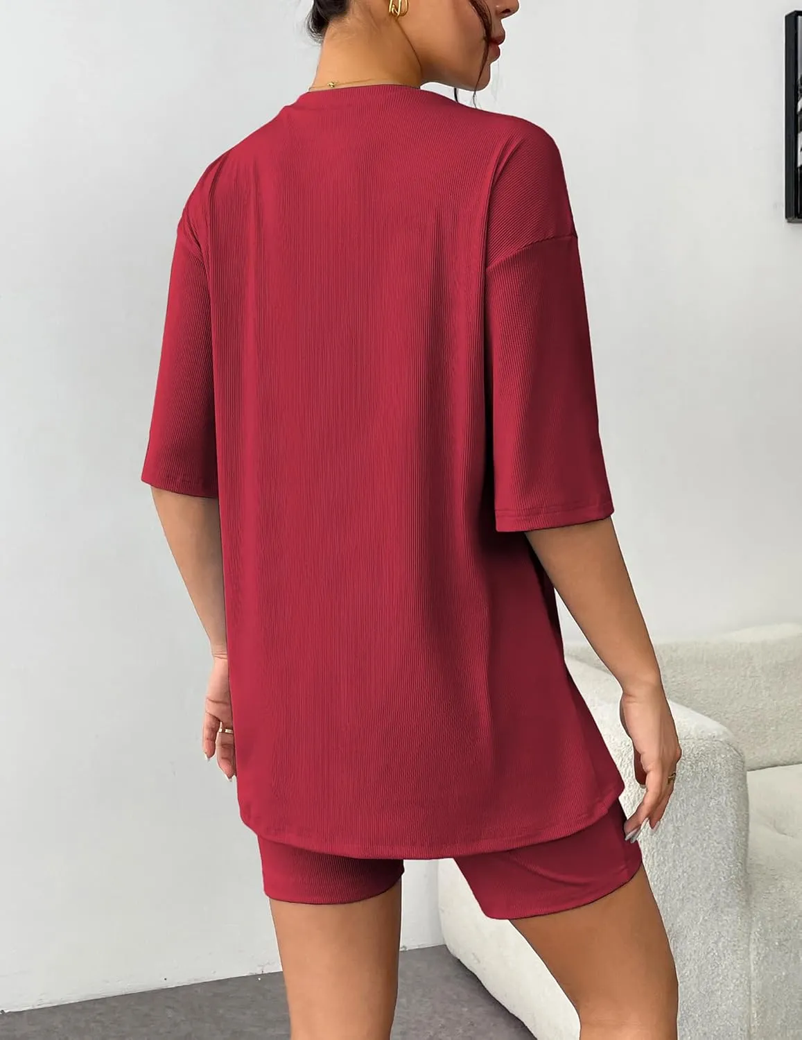 Ekouaer Womens Pajamas 2 Piece Lounge Sets Ribbed Knit Matching T-shirt Biker Shorts Outfits Sleepwear Loungewear