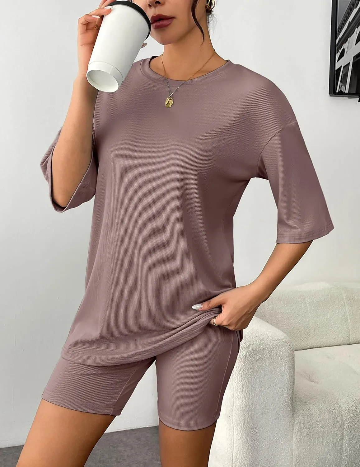 Ekouaer Womens Pajamas 2 Piece Lounge Sets Ribbed Knit Matching T-shirt Biker Shorts Outfits Sleepwear Loungewear
