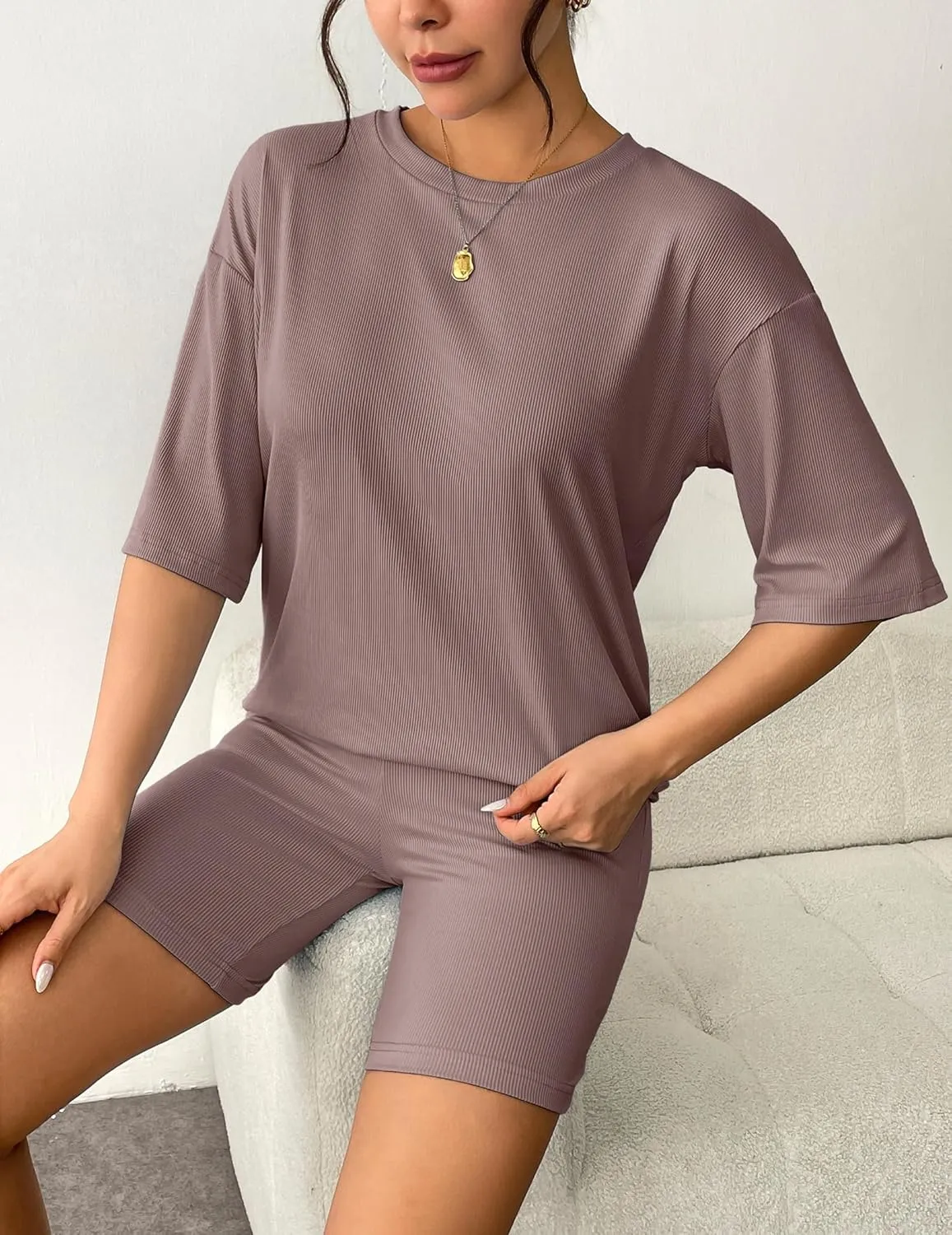 Ekouaer Womens Pajamas 2 Piece Lounge Sets Ribbed Knit Matching T-shirt Biker Shorts Outfits Sleepwear Loungewear