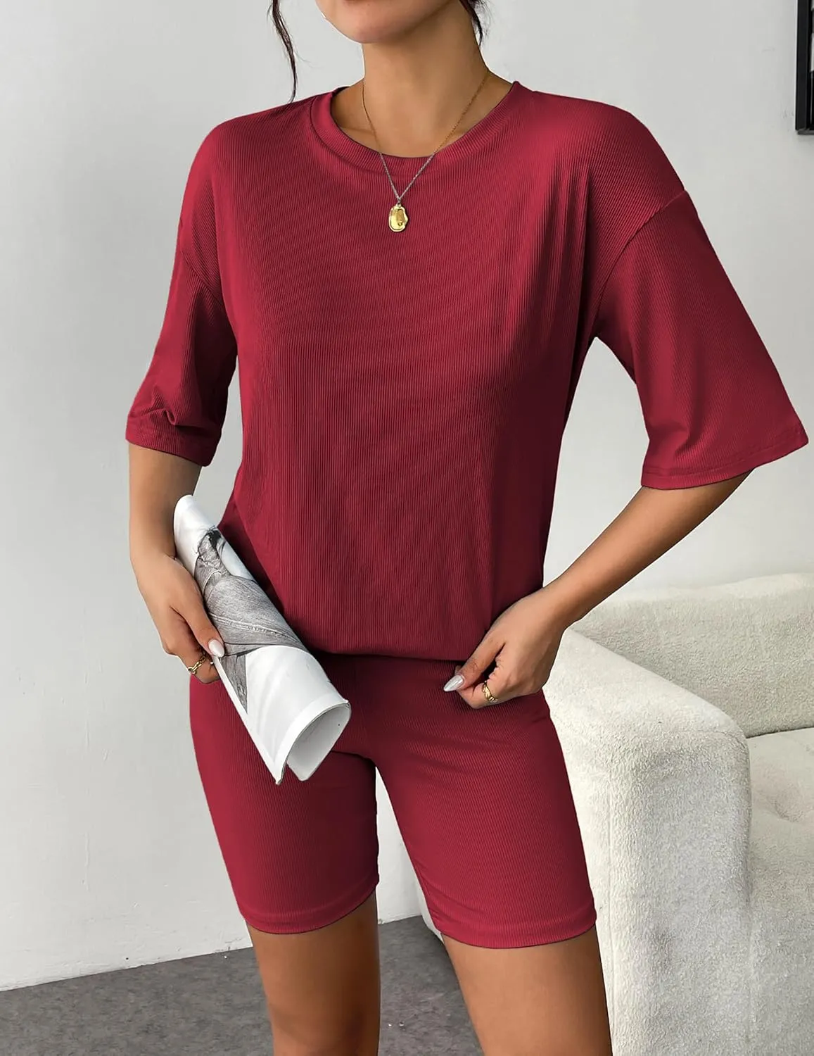 Ekouaer Womens Pajamas 2 Piece Lounge Sets Ribbed Knit Matching T-shirt Biker Shorts Outfits Sleepwear Loungewear