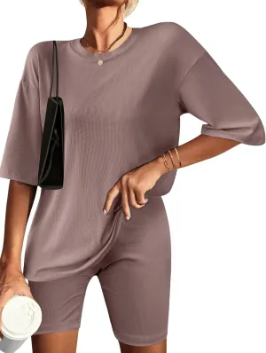 Ekouaer Womens Pajamas 2 Piece Lounge Sets Ribbed Knit Matching T-shirt Biker Shorts Outfits Sleepwear Loungewear