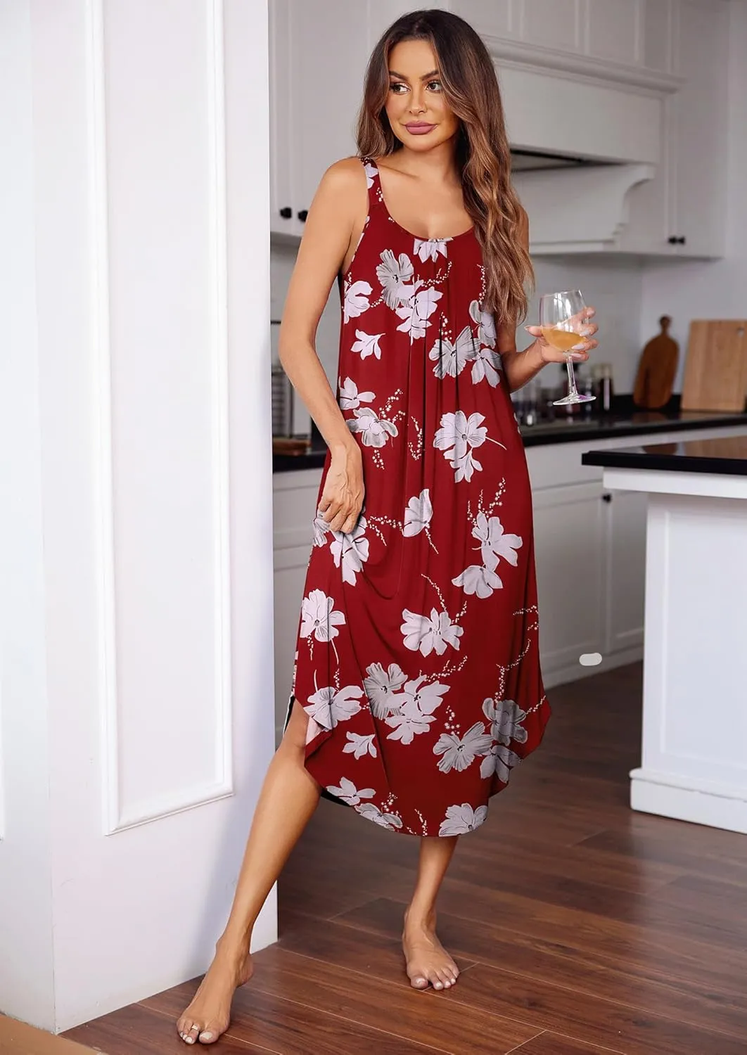 Ekouaer Women's Sleeveless Nightgown Long Nightgowns for Women Full Slip Soft Nightshirt Wide Strap Sleepwear Lounge Dresses