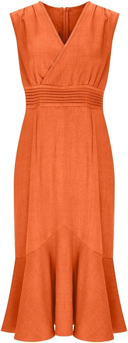 Elegant Fishtail Hem Tank Dresses Women Summer Wrap V Neck Sleeveless Sheath Formal Dress Casual Fitted Midi Dress