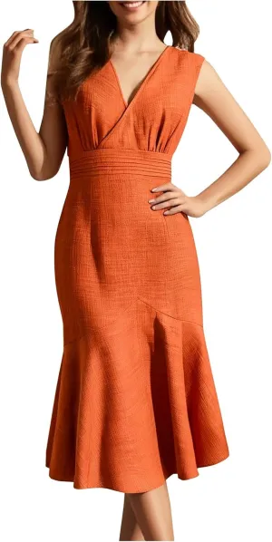 Elegant Fishtail Hem Tank Dresses Women Summer Wrap V Neck Sleeveless Sheath Formal Dress Casual Fitted Midi Dress