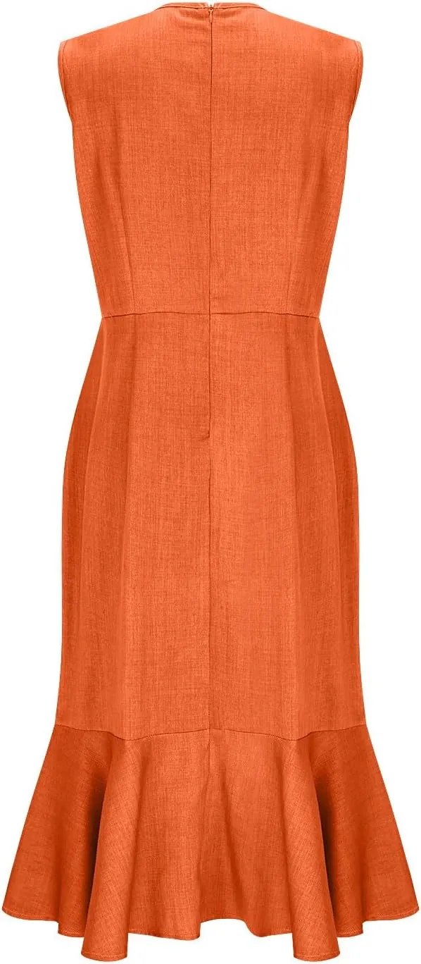 Elegant Fishtail Hem Tank Dresses Women Summer Wrap V Neck Sleeveless Sheath Formal Dress Casual Fitted Midi Dress