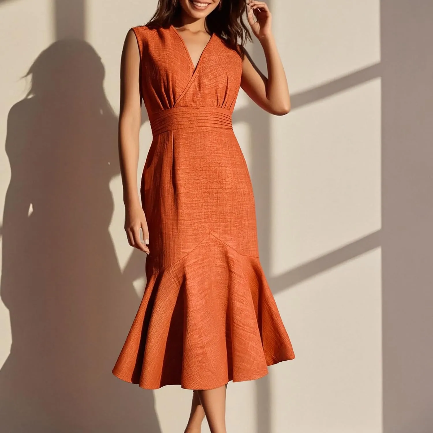 Elegant Fishtail Hem Tank Dresses Women Summer Wrap V Neck Sleeveless Sheath Formal Dress Casual Fitted Midi Dress