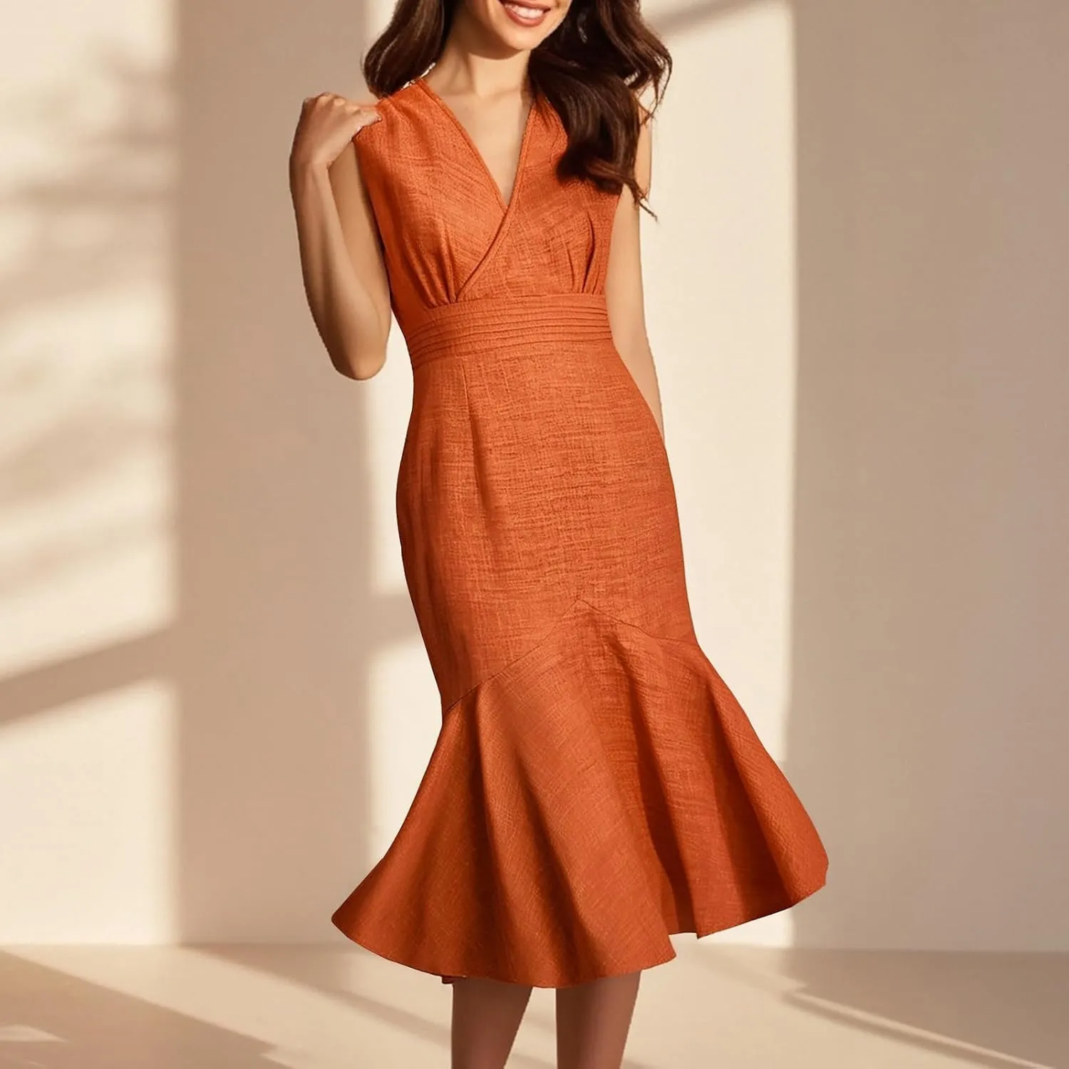 Elegant Fishtail Hem Tank Dresses Women Summer Wrap V Neck Sleeveless Sheath Formal Dress Casual Fitted Midi Dress