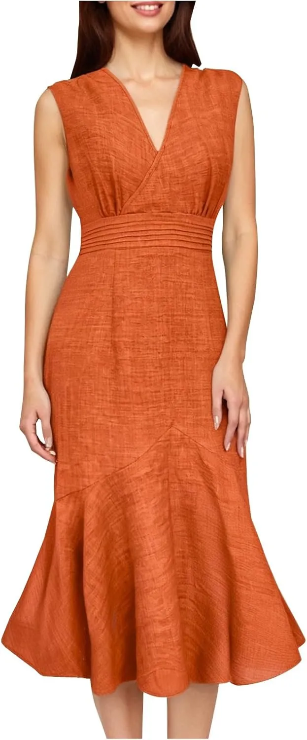 Elegant Fishtail Hem Tank Dresses Women Summer Wrap V Neck Sleeveless Sheath Formal Dress Casual Fitted Midi Dress