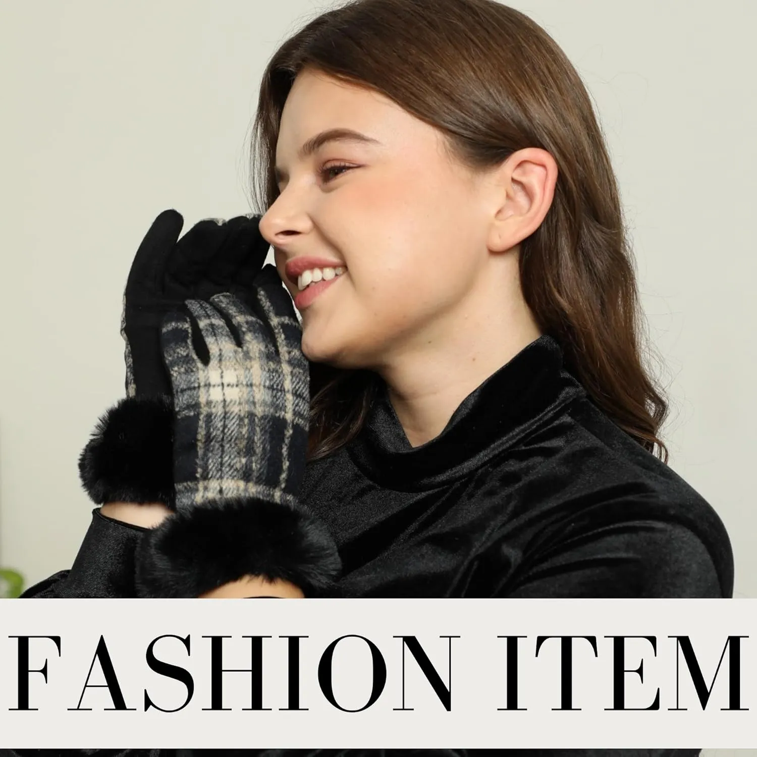 F Flammi Women's Winter Suede Gloves with Fur Cuffs - Soft, Warm, Touchscreen, Fleece Lined