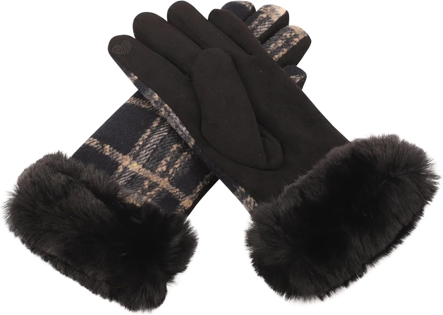 F Flammi Women's Winter Suede Gloves with Fur Cuffs - Soft, Warm, Touchscreen, Fleece Lined