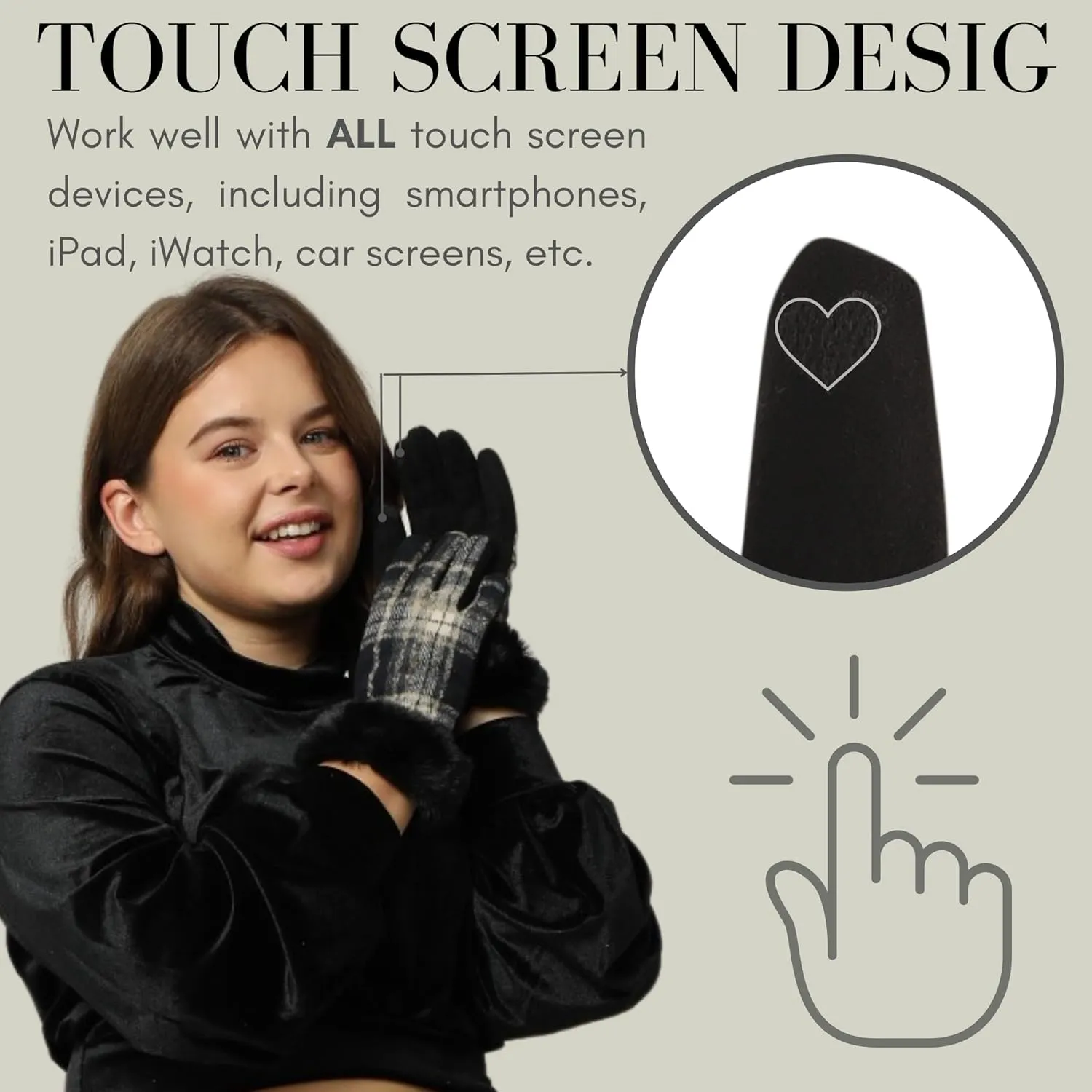 F Flammi Women's Winter Suede Gloves with Fur Cuffs - Soft, Warm, Touchscreen, Fleece Lined