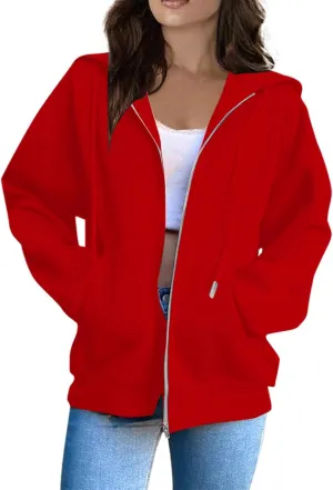 Fashion Hoodies Vintage Zipper Oversized Loose Fit Hoodies Women Long Sleeve Solid Jackets Soft Outdoor Sweatshirt