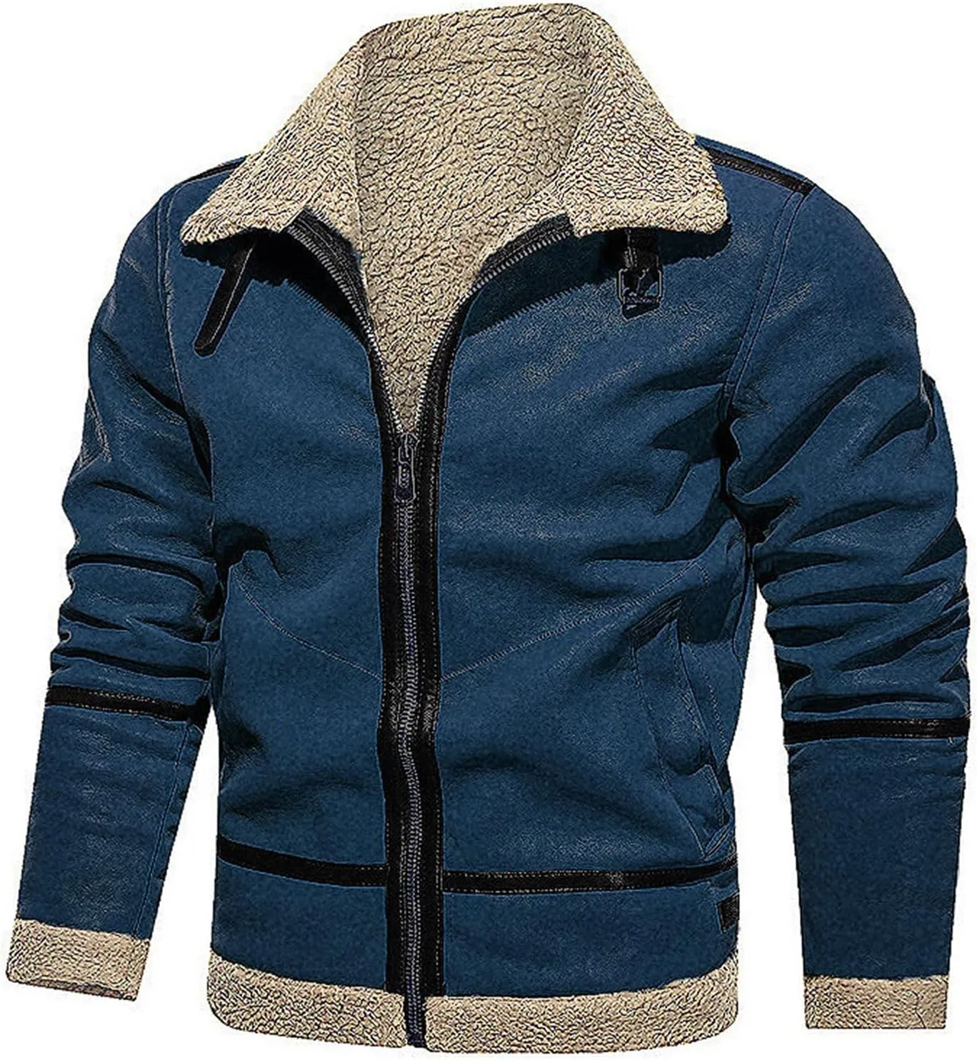 Faux Fur Suede Leather Jacket for Men Sherpa Fleece Lined Zip Up Lapel Coat Winter Warm Outwear with Pocket