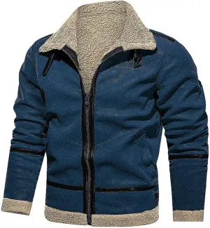 Faux Fur Suede Leather Jacket for Men Sherpa Fleece Lined Zip Up Lapel Coat Winter Warm Outwear with Pocket