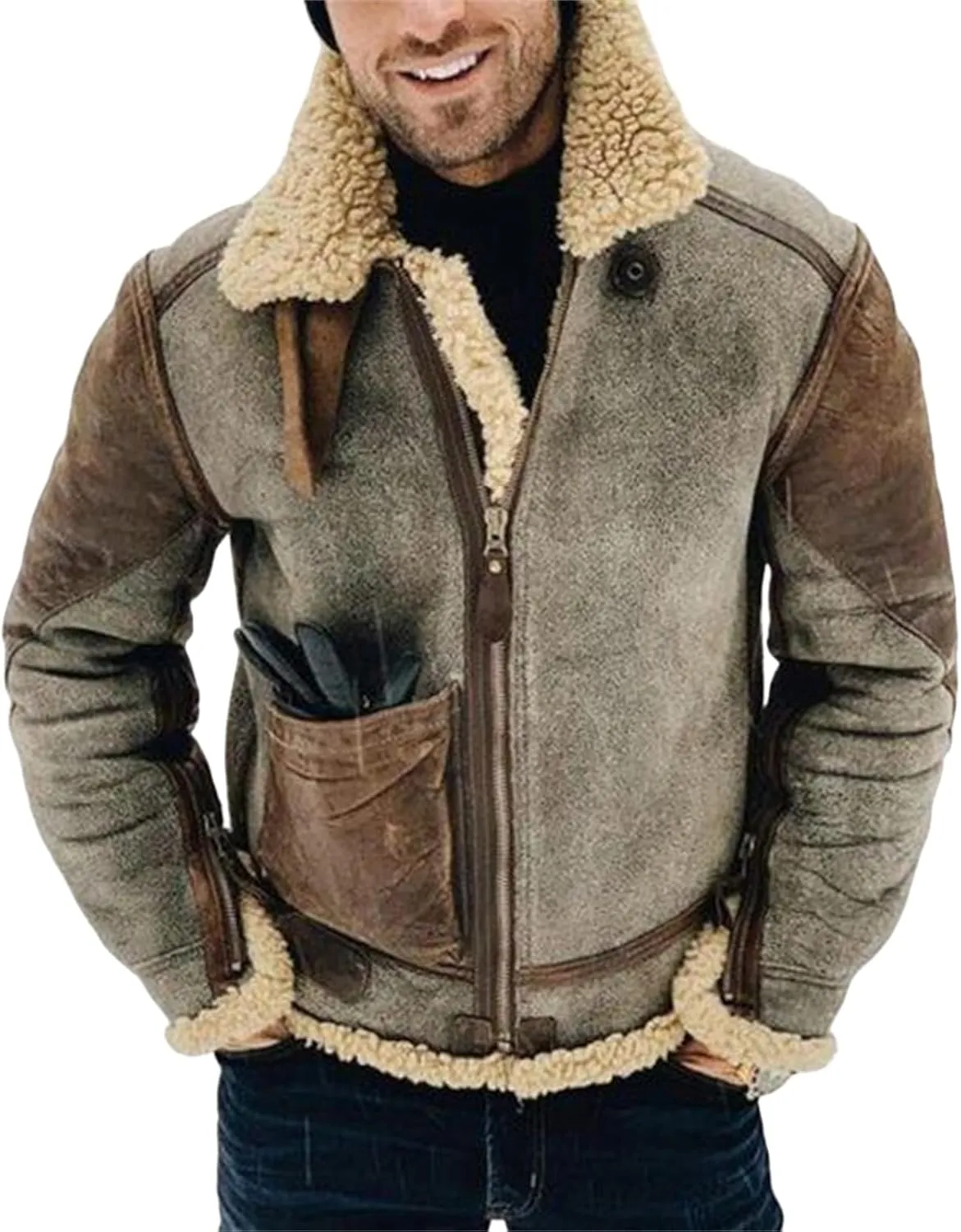 Faux Fur Suede Leather Jacket for Men Sherpa Fleece Lined Zip Up Lapel Thickened Coat Outwear with Pocket