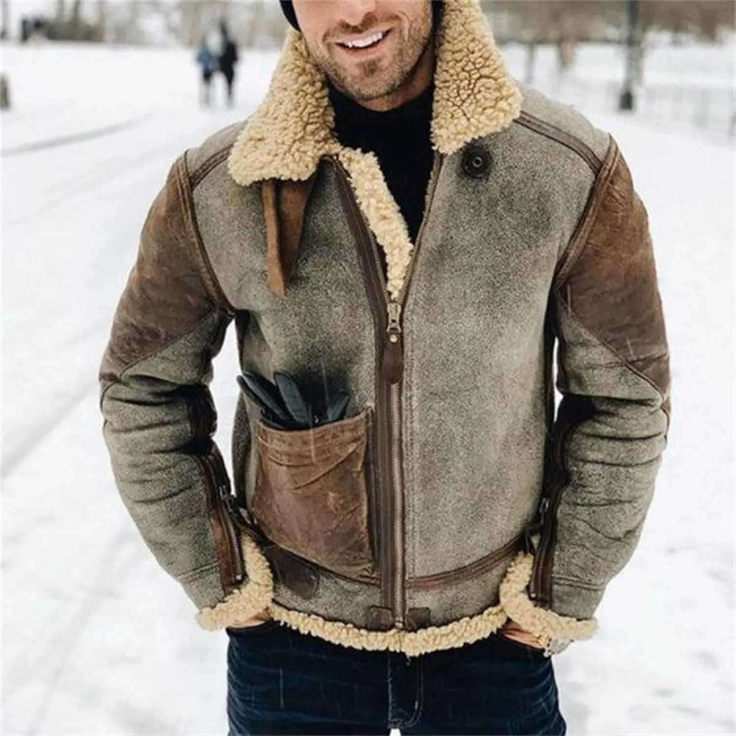 Faux Fur Suede Leather Jacket for Men Sherpa Fleece Lined Zip Up Lapel Thickened Coat Outwear with Pocket
