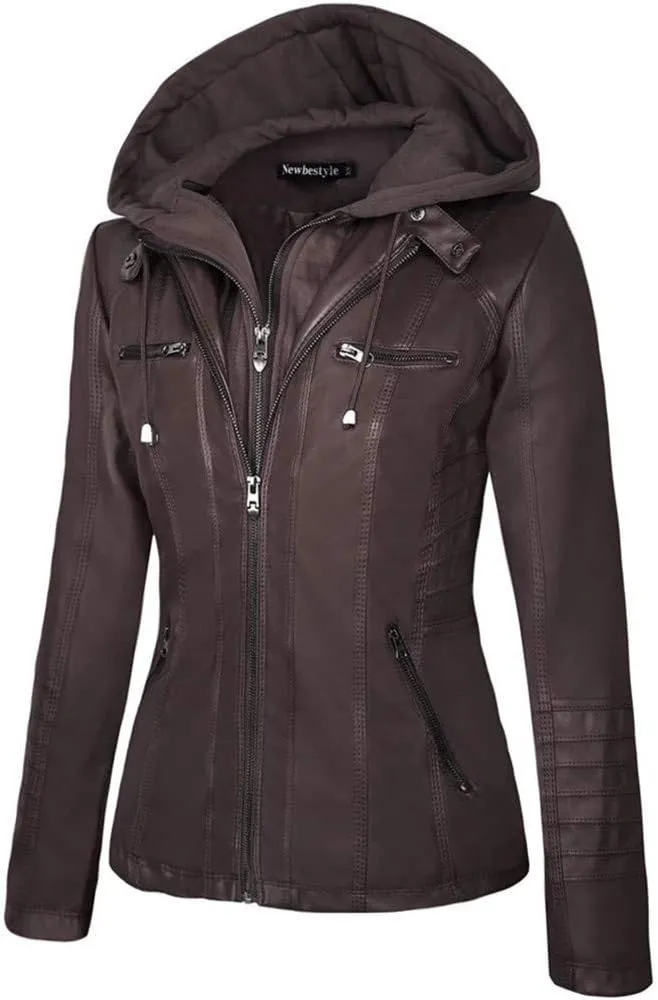 Faux Leather Jacket for Women Casual Moto Biker Jacket Quilted Full-Zip Coat