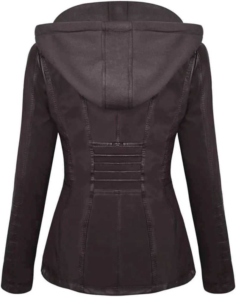 Faux Leather Jacket for Women Casual Moto Biker Jacket Quilted Full-Zip Coat